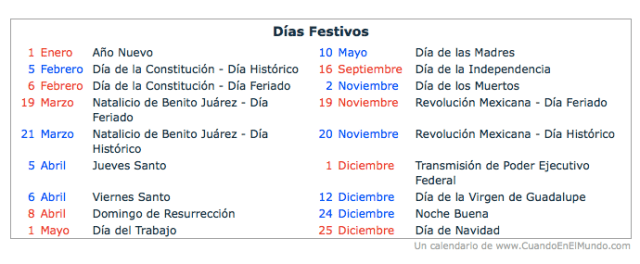 Calendar of Mexican Holidays