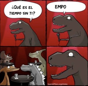 Dinosaurs doing standup in Spanish