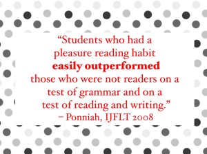 Students who had a pleasure reading habit easily outperformed those who were not readers on a test of reading and writing.